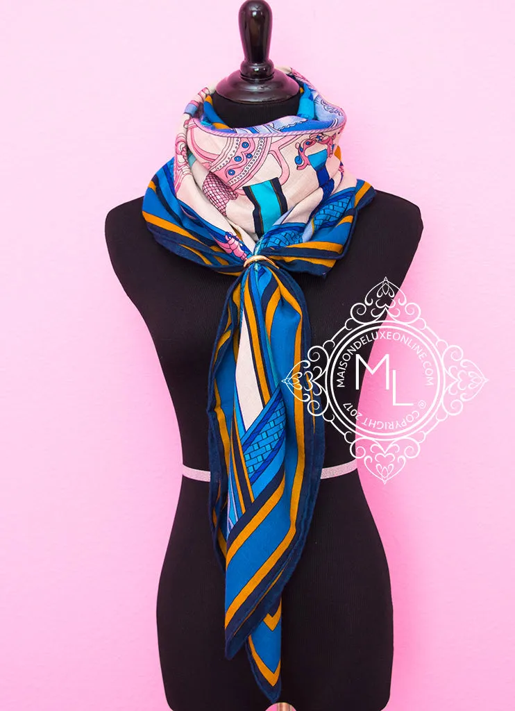 Hermes "Duo d'Etriers" Blue Pink Cashmere 140 GM Shawl Scarf