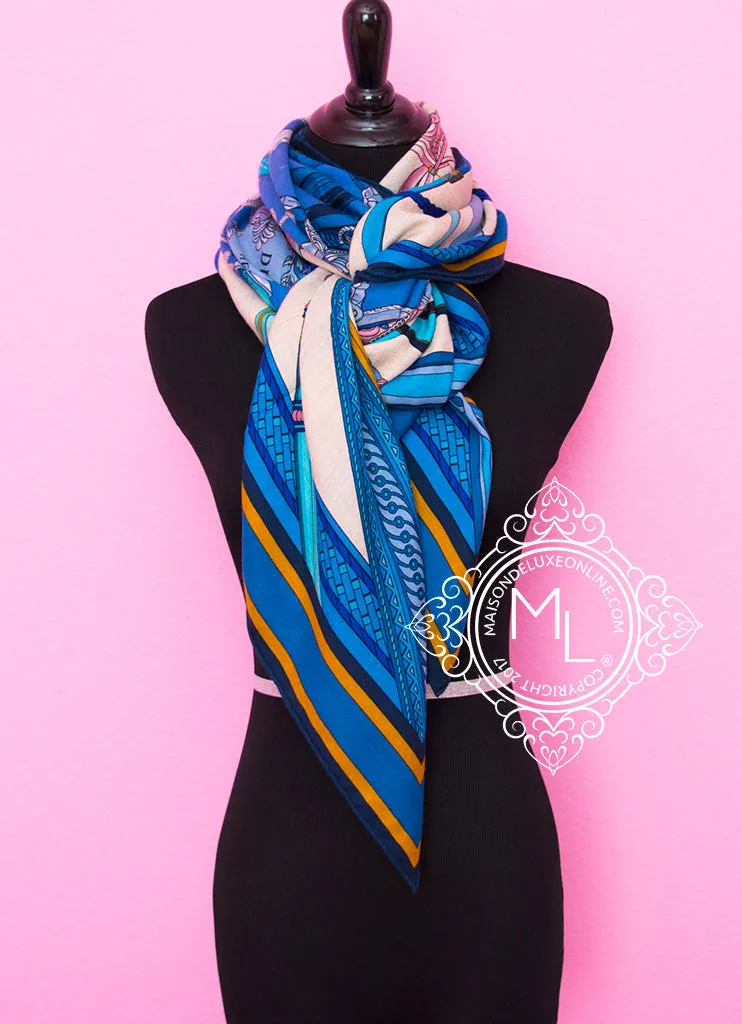 Hermes "Duo d'Etriers" Blue Pink Cashmere 140 GM Shawl Scarf