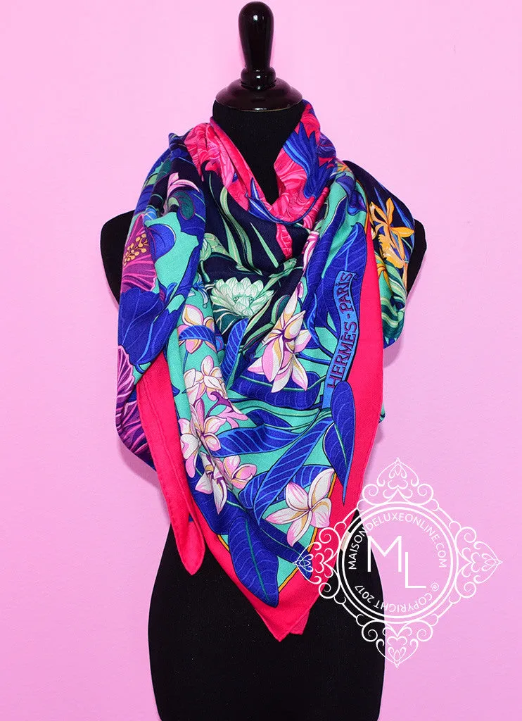 Hermes "Flamingo Party" Pink Purple Cashmere 140 GM Shawl Scarf