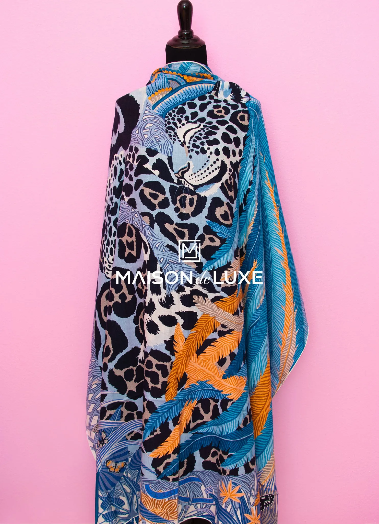 Hermes "Jaguar Quetzal" Blue Jean Cashmere 140 GM Shawl Scarf