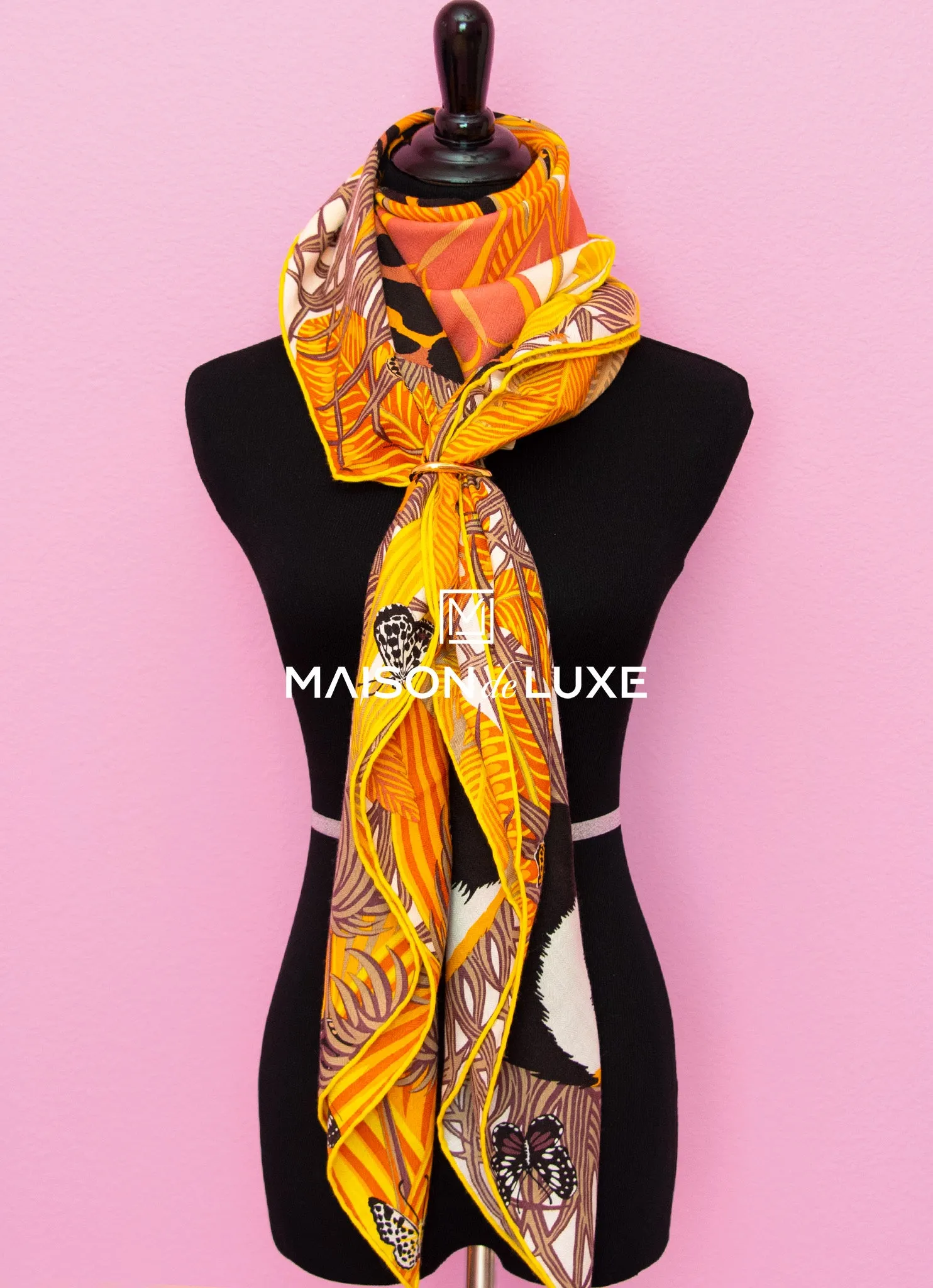 Hermes "Jaguar Quetzal" Yellow Cashmere 140 GM Shawl Scarf