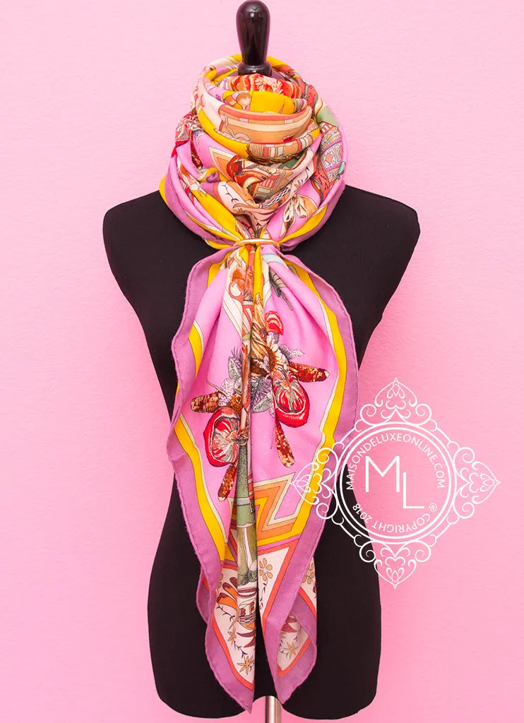 Hermes "Kachinas" Pink Yellow Cashmere 140 GM Shawl Scarf