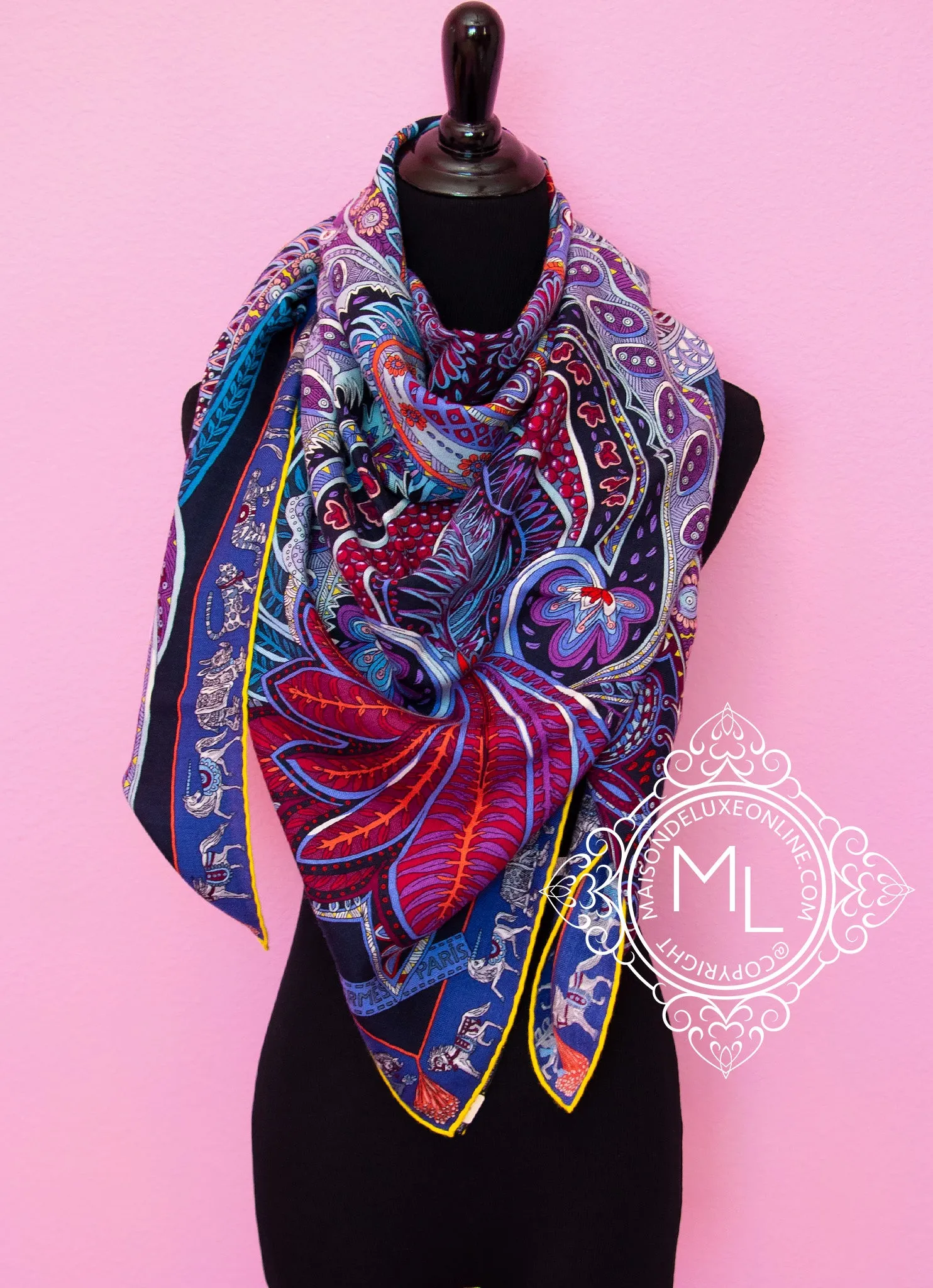 Hermes "Le Jardin de la Maharani" Purple Cashmere 140 GM Shawl Scarf