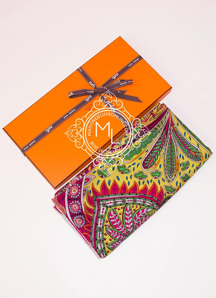 Hermes "Le Jardin de la Maharani" Yellow Cashmere 140 GM Shawl Scarf