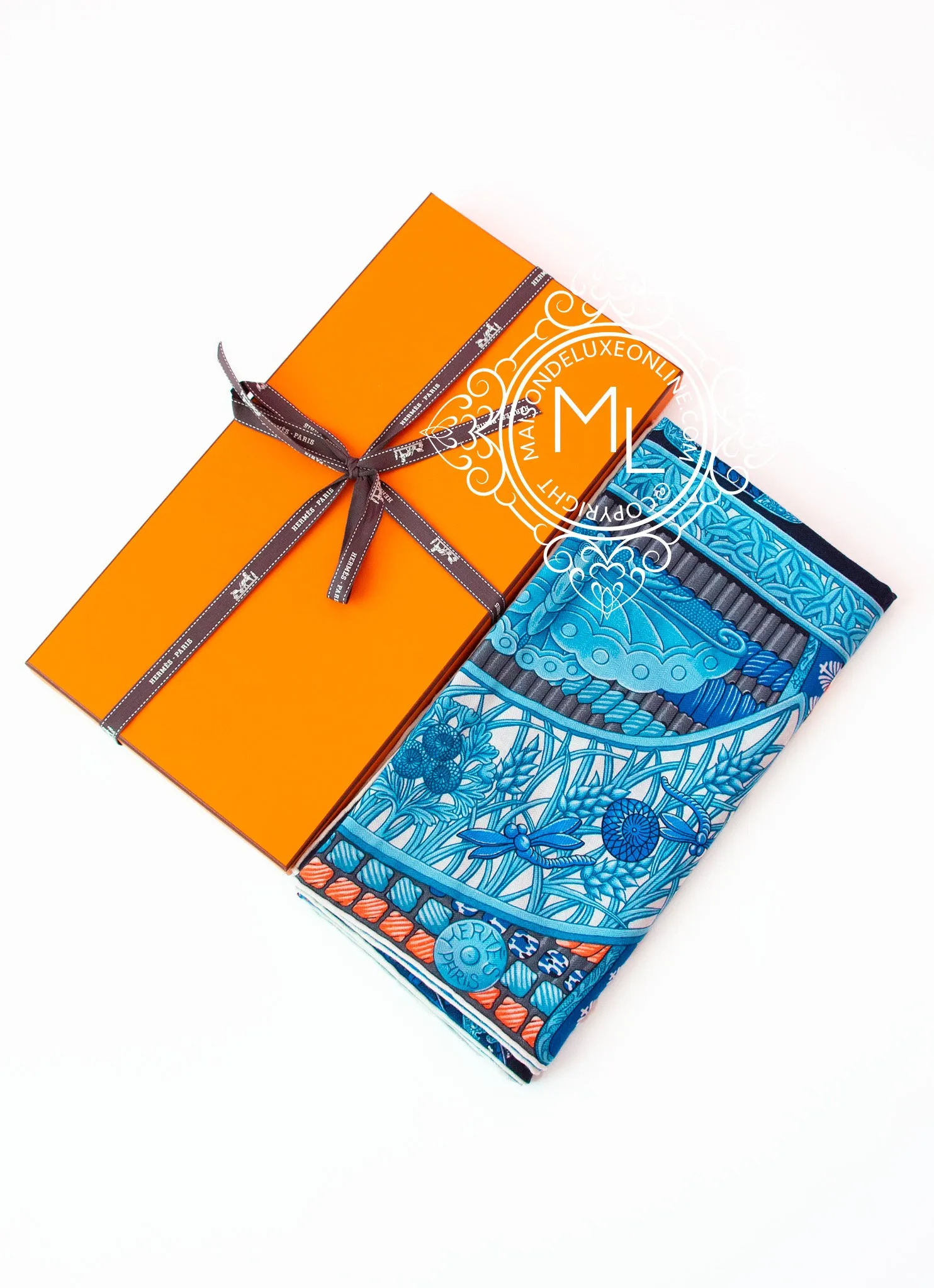 Hermes "Parures de Samourais" Blue Cashmere 140 GM Shawl Scarf