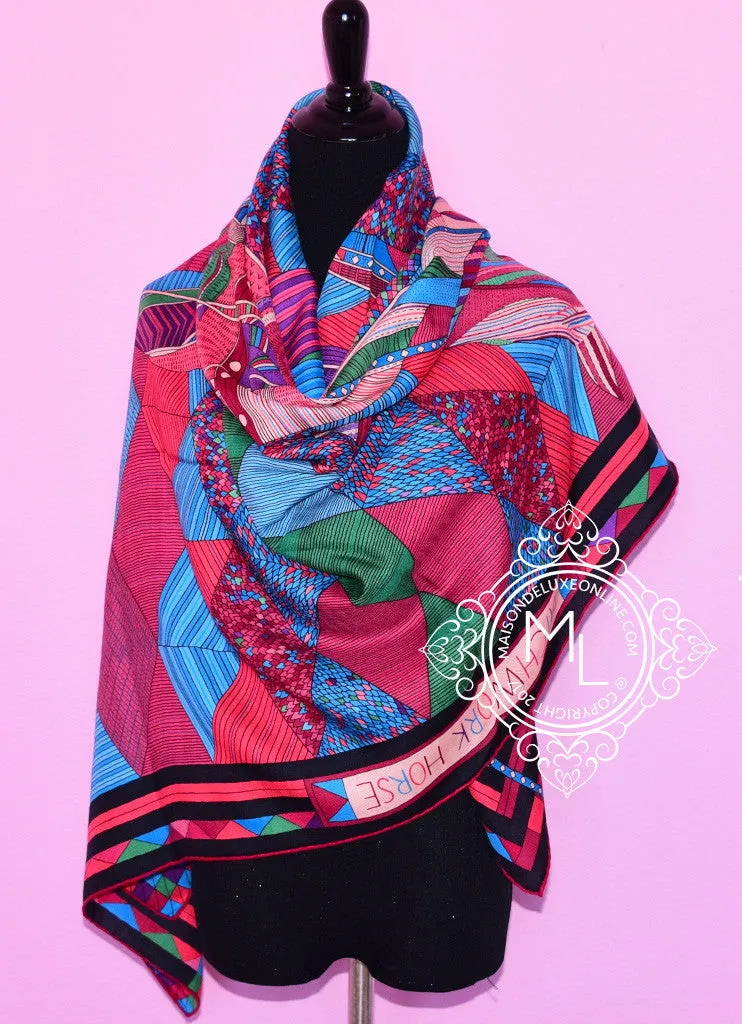 Hermes "Patchwork Horse" Fuchsia Cashmere 140 GM Shawl Scarf