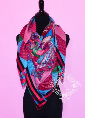 Hermes "Patchwork Horse" Fuchsia Cashmere 140 GM Shawl Scarf