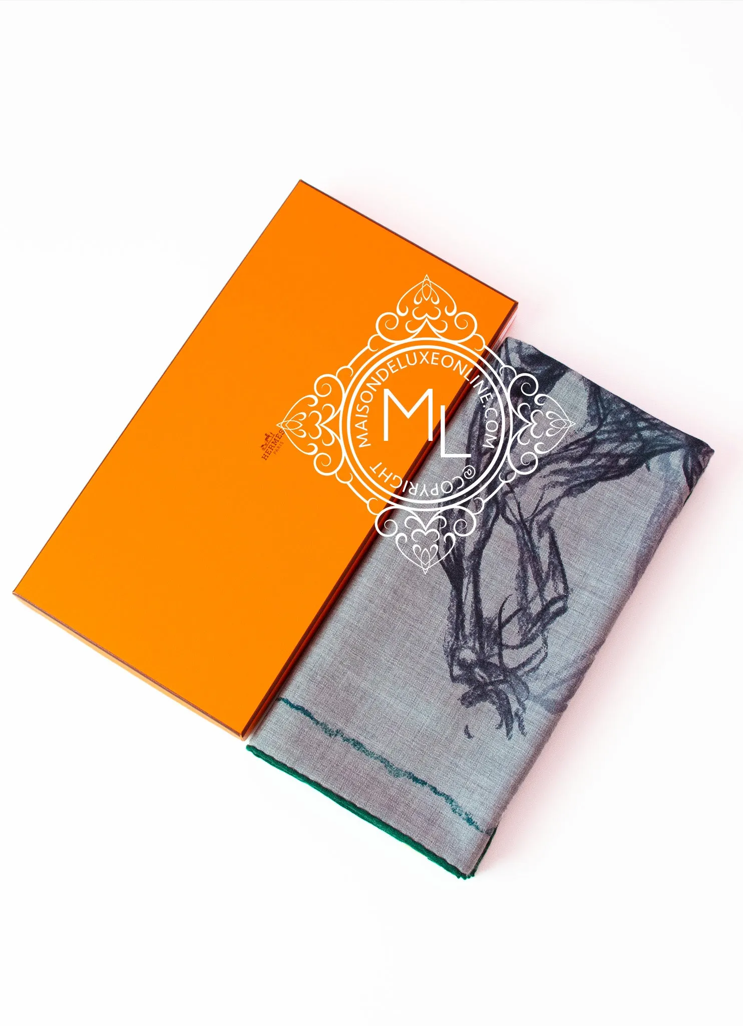 Hermes "Pirouette au Galop" Gray Cashmere 140 GM Shawl Scarf