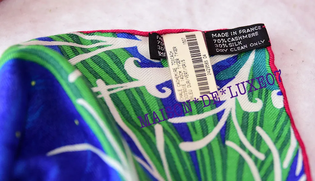 Hermes "Tyger Tyger" Blue Fuchsia Cashmere 140 GM Shawl Scarf