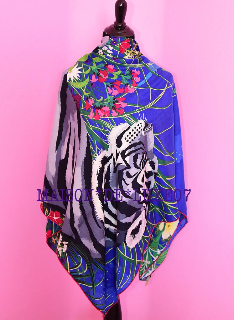 Hermes "Tyger Tyger" Blue Fuchsia Cashmere 140 GM Shawl Scarf