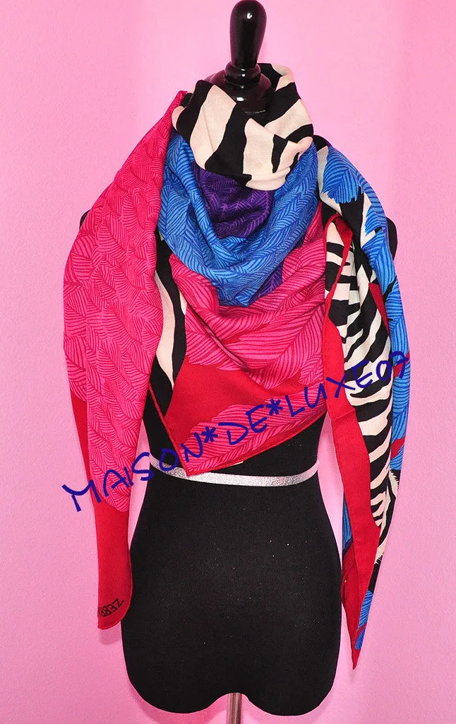 Hermes "Zebra Pegasus" Pink Blue Cashmere 140 GM Shawl Scarf