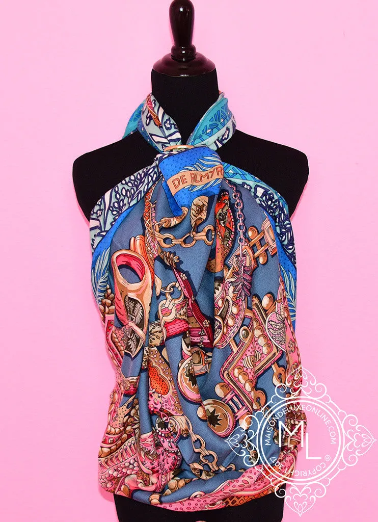 Hermes "Zenobie, Reine de Palmyre" Blue Cashmere 140 GM Shawl Scarf