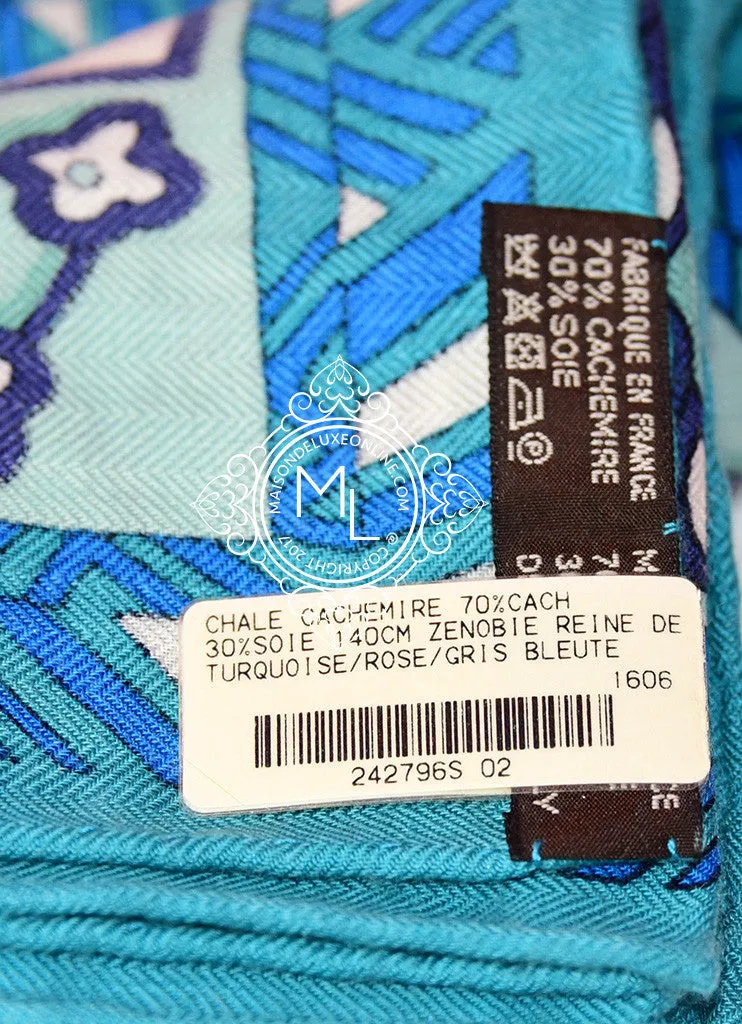 Hermes "Zenobie, Reine de Palmyre" Blue Cashmere 140 GM Shawl Scarf