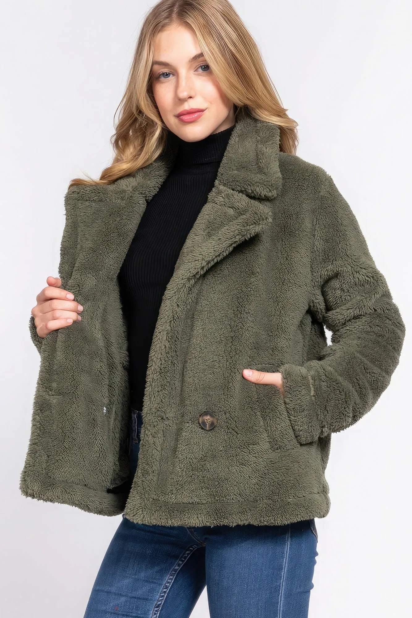 Hot Girl Cozzie Faux Fur Sherpa Jacket In Olive