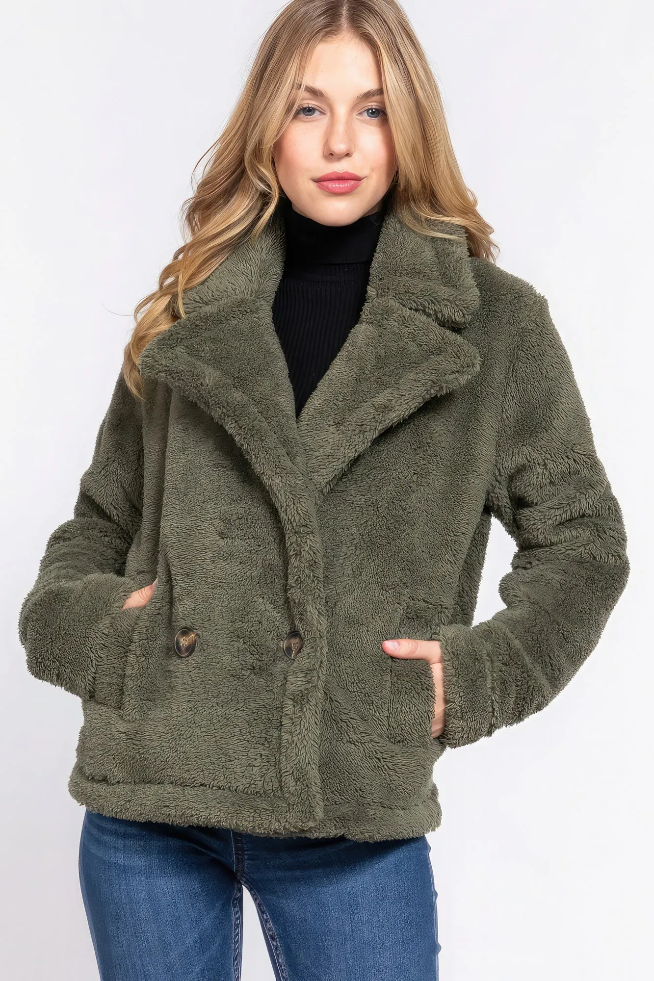 Hot Girl Cozzie Faux Fur Sherpa Jacket In Olive