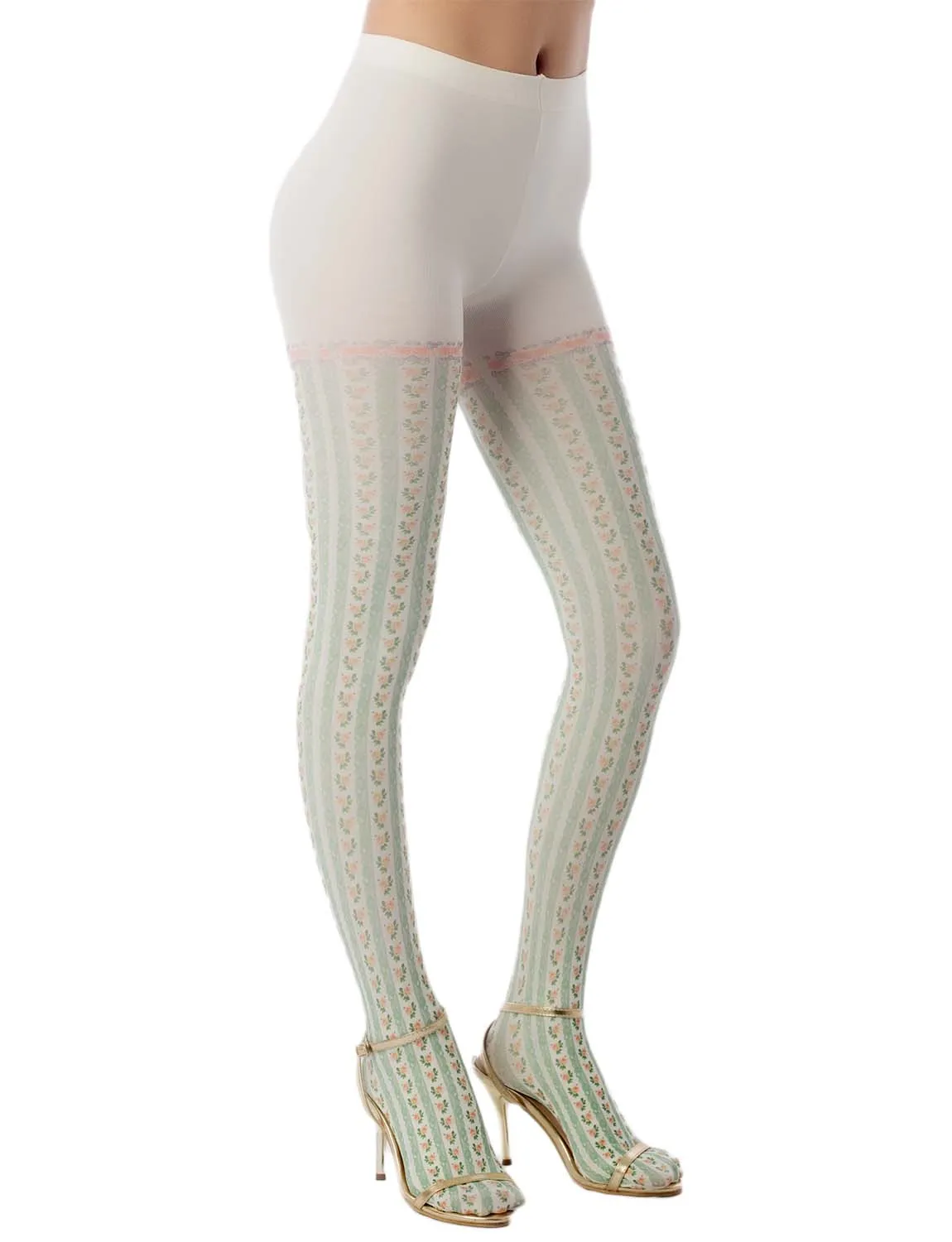 iB-iP Women's Retro Green Floral Sheer Stretchy Stocking Opaque Pantyhose Tights