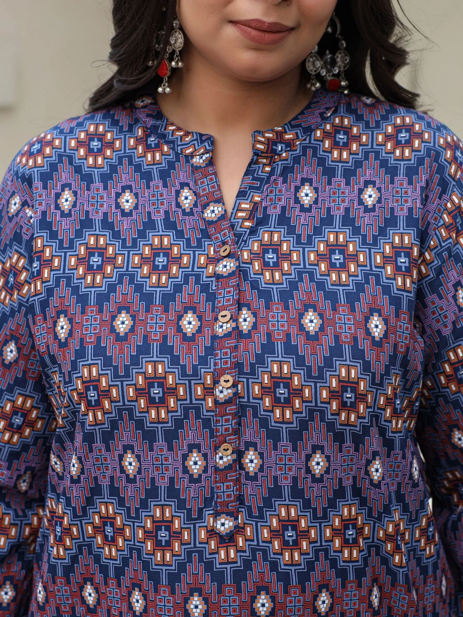 Jashvi Blue Geometric Printed A-Line Rayon Plus Size Tunic