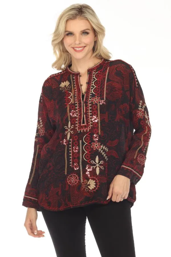 Johnny Was Biya Belina Silk Embroidered Tunic Top Boho Chic B23823AO