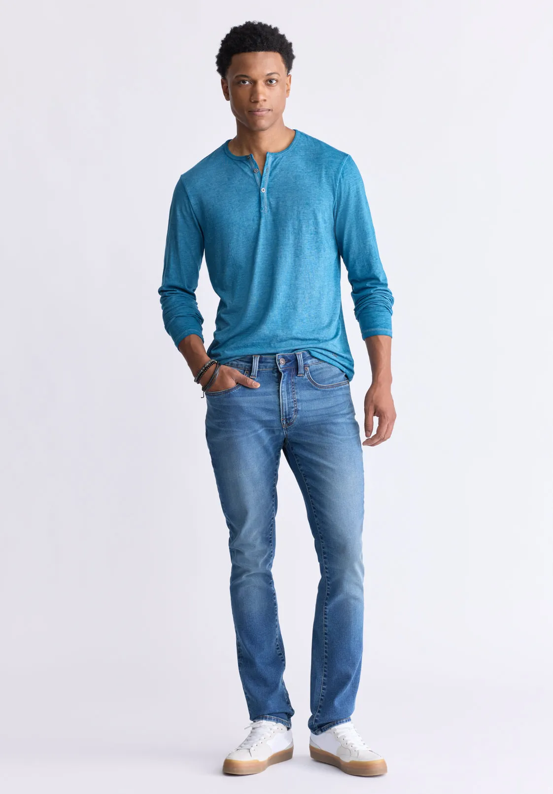 Kaduk Men's Long-Sleeve Burnout Henley Top, Atlantic Blue - BM24237