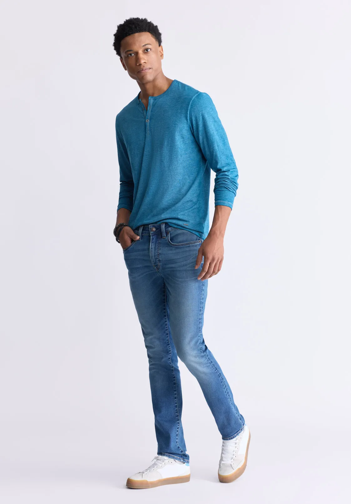 Kaduk Men's Long-Sleeve Burnout Henley Top, Atlantic Blue - BM24237