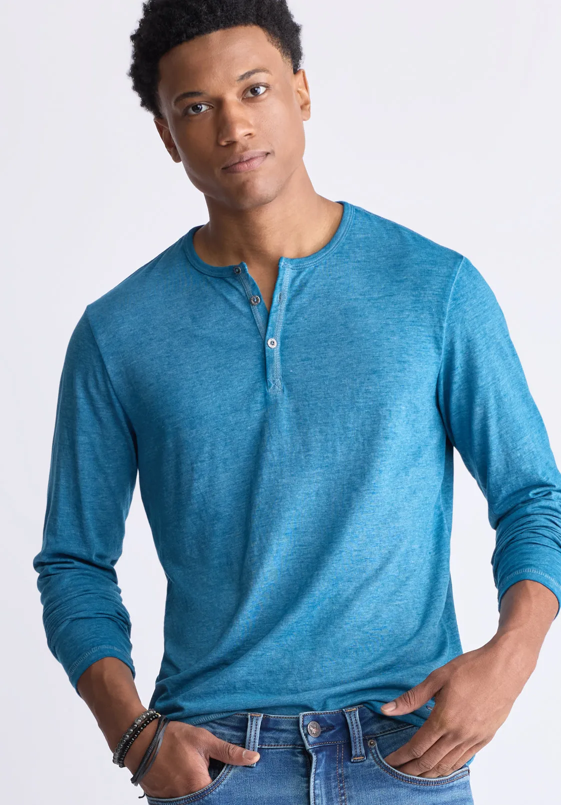 Kaduk Men's Long-Sleeve Burnout Henley Top, Atlantic Blue - BM24237