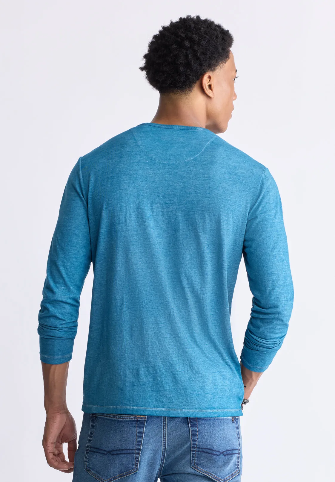 Kaduk Men's Long-Sleeve Burnout Henley Top, Atlantic Blue - BM24237