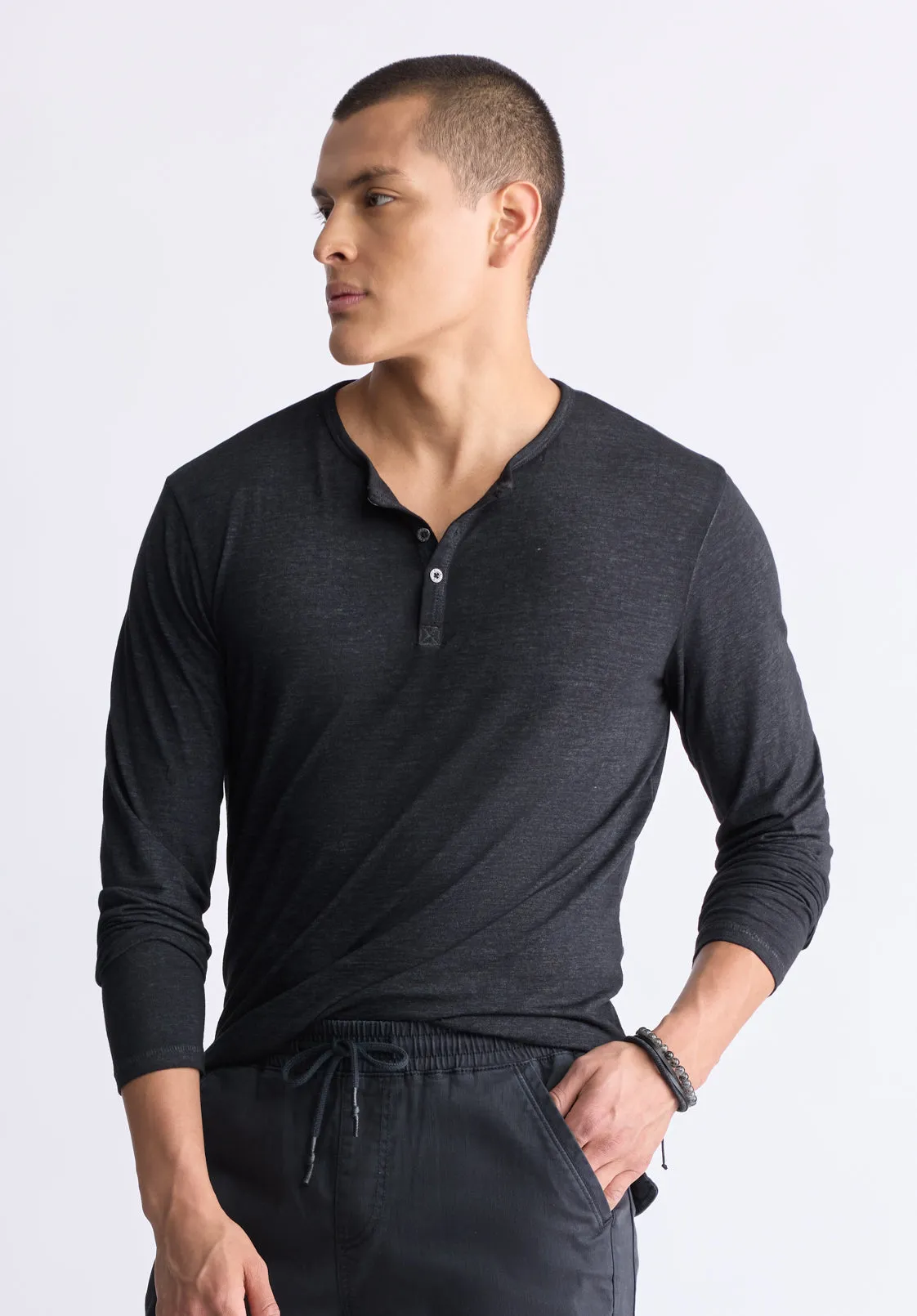 Kaduk Men's Long-Sleeve Burnout Henley Top, Black - BM24237