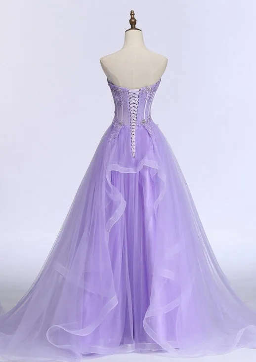 kamahe Lilac Prom Dresses, A-line/Princess Sweetheart Sleeveless Sweep Train Tulle Prom Dress With Beading Appliqued