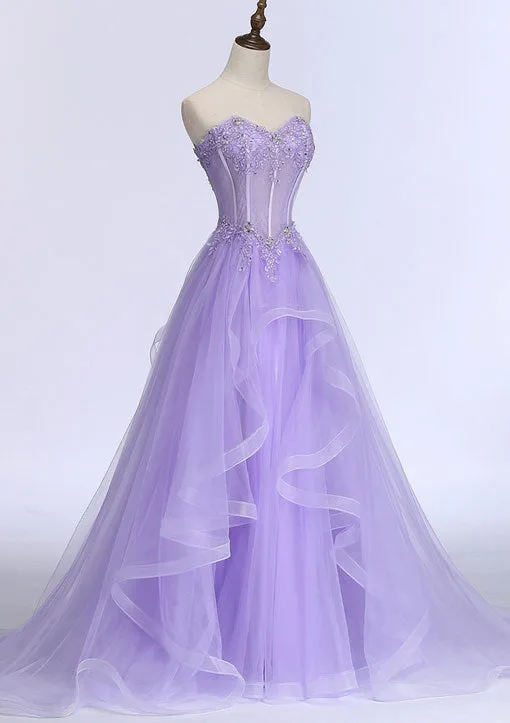 kamahe Lilac Prom Dresses, A-line/Princess Sweetheart Sleeveless Sweep Train Tulle Prom Dress With Beading Appliqued