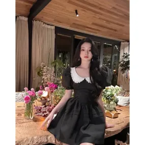 Kawaii Black Mini Dress Peter Pan Collar Vintgae Sweet Cute Wrap Puff Sleeve Short Dresses Party