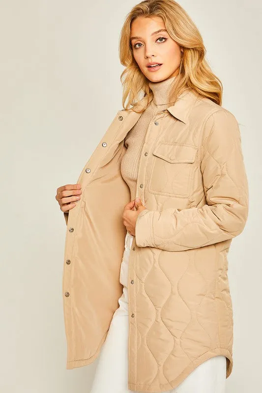 Khaki Diamond Quilted Long Line Shacket