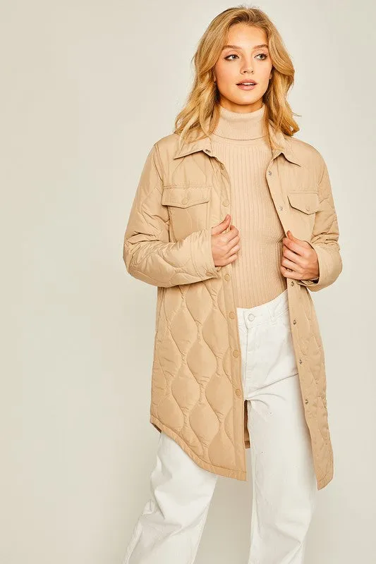 Khaki Diamond Quilted Long Line Shacket