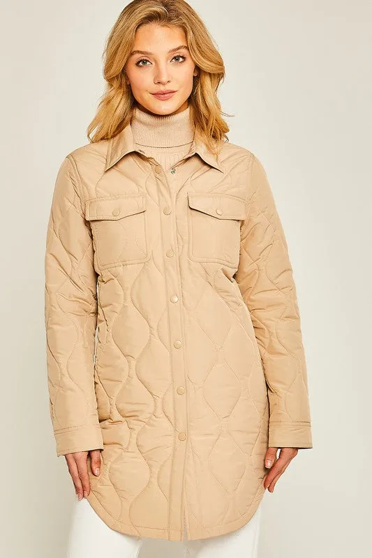 Khaki Diamond Quilted Long Line Shacket