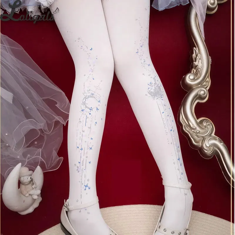 Ladies Printed Tights Luxury 120D Wedding Pantyhose w. Rhinestone by Yidhra ~ Butterfly's Dream in Moonlight