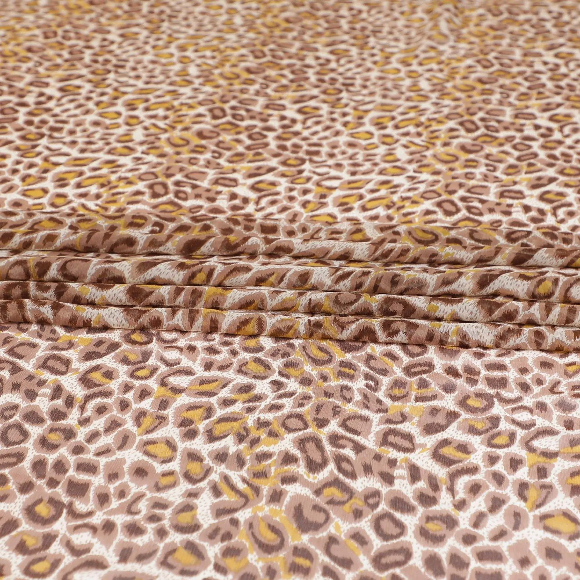 Light pink pure silk chiffon fabric with pale brown, mustard yellow and chocolate brown print in animal skin design-D9308