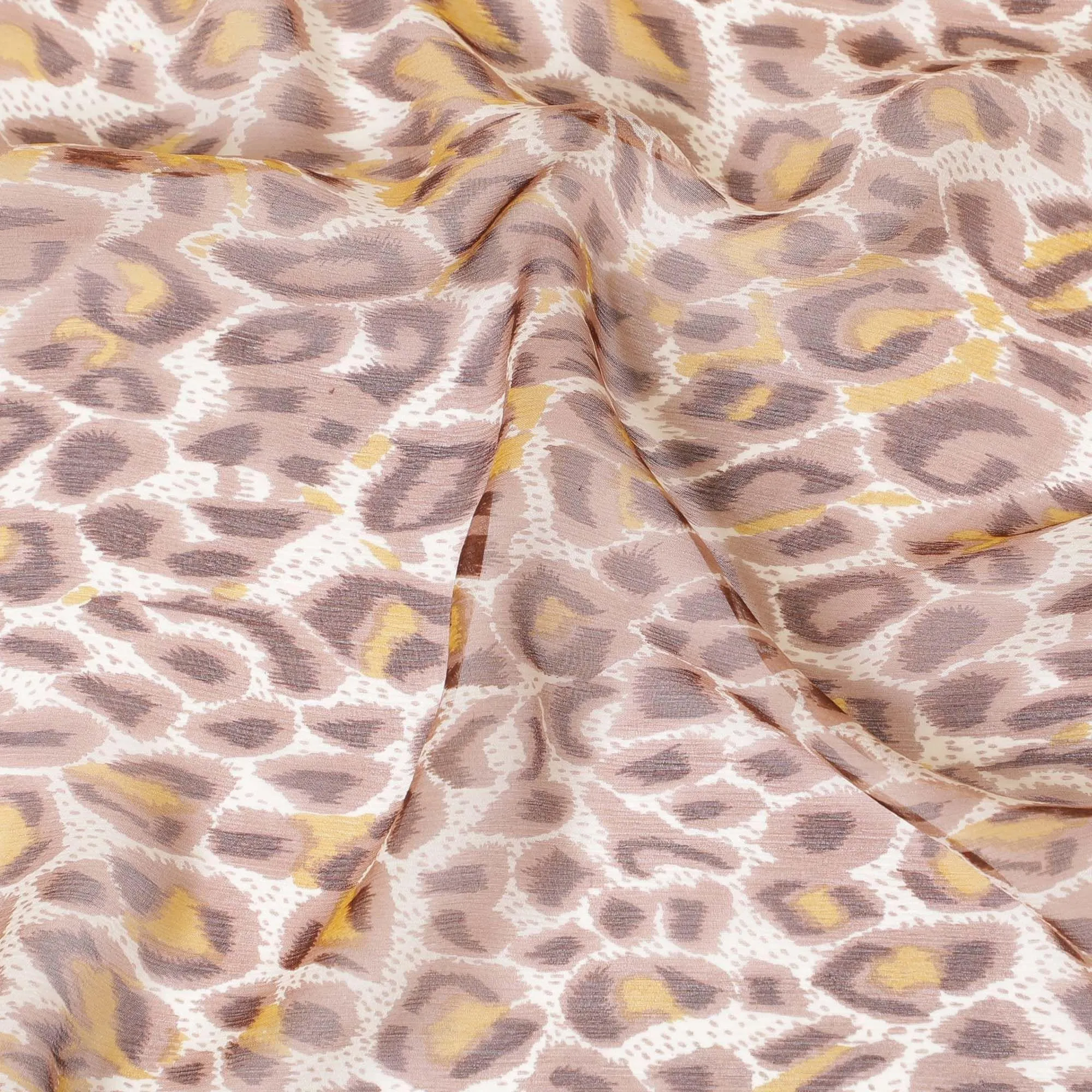 Light pink pure silk chiffon fabric with pale brown, mustard yellow and chocolate brown print in animal skin design-D9308