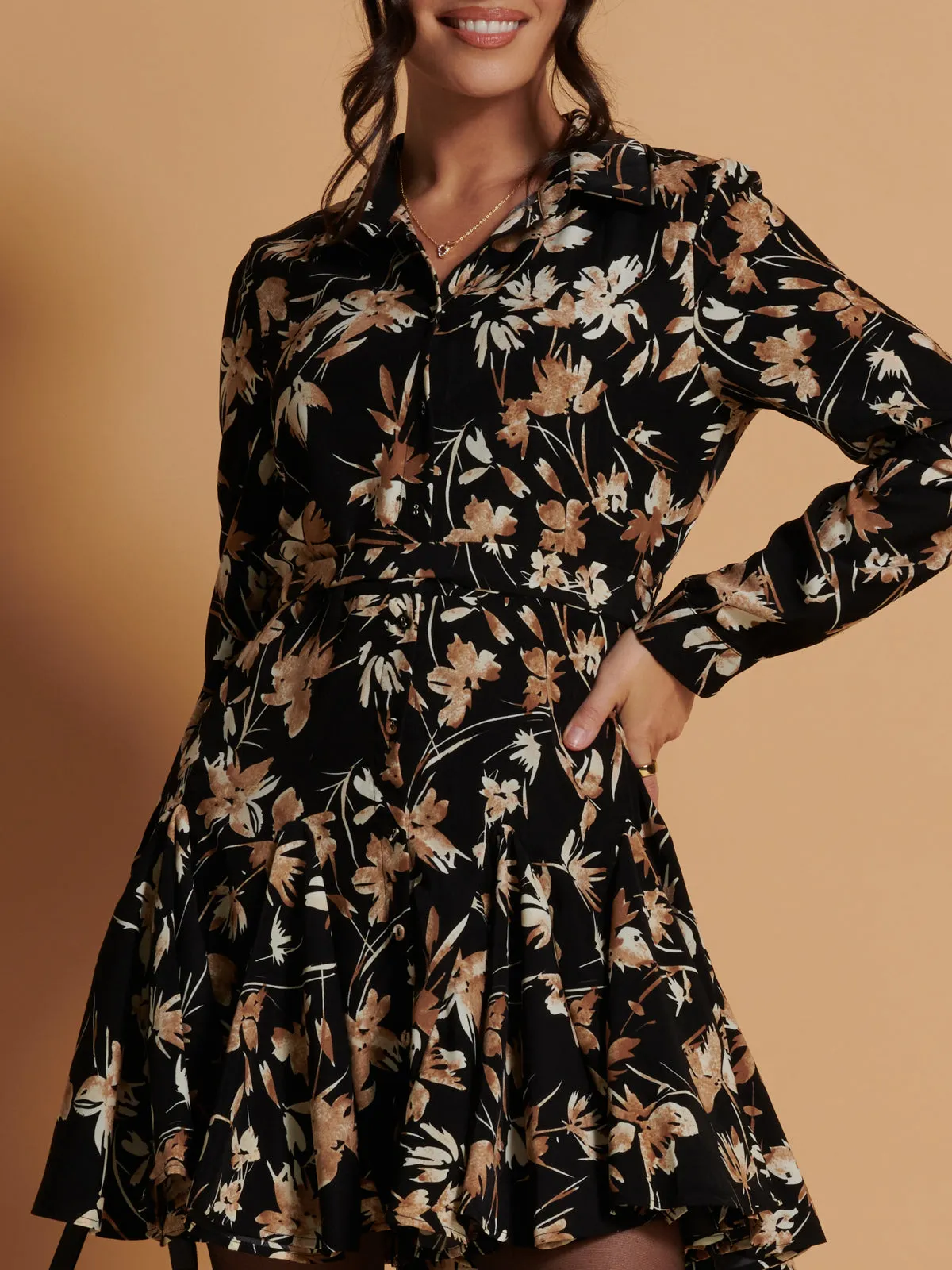 Long Sleeve Fit & Flare Shirt Dress, Black Floral