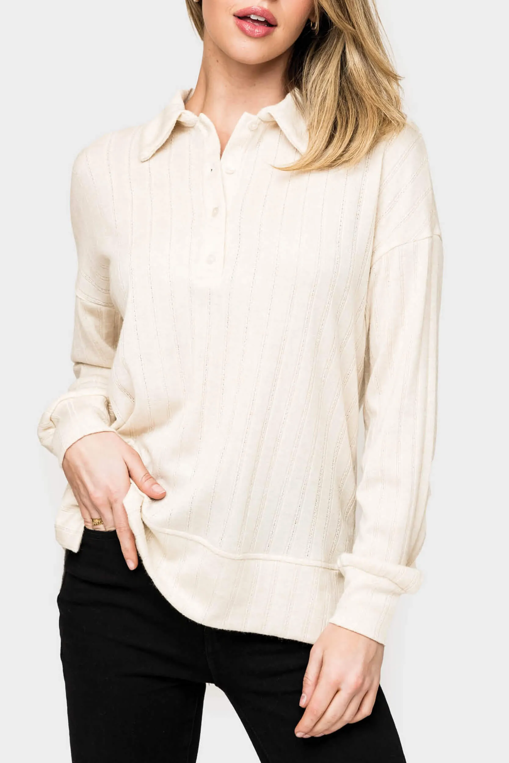 Long Sleeve Pointelle Rib Polo Henley Top