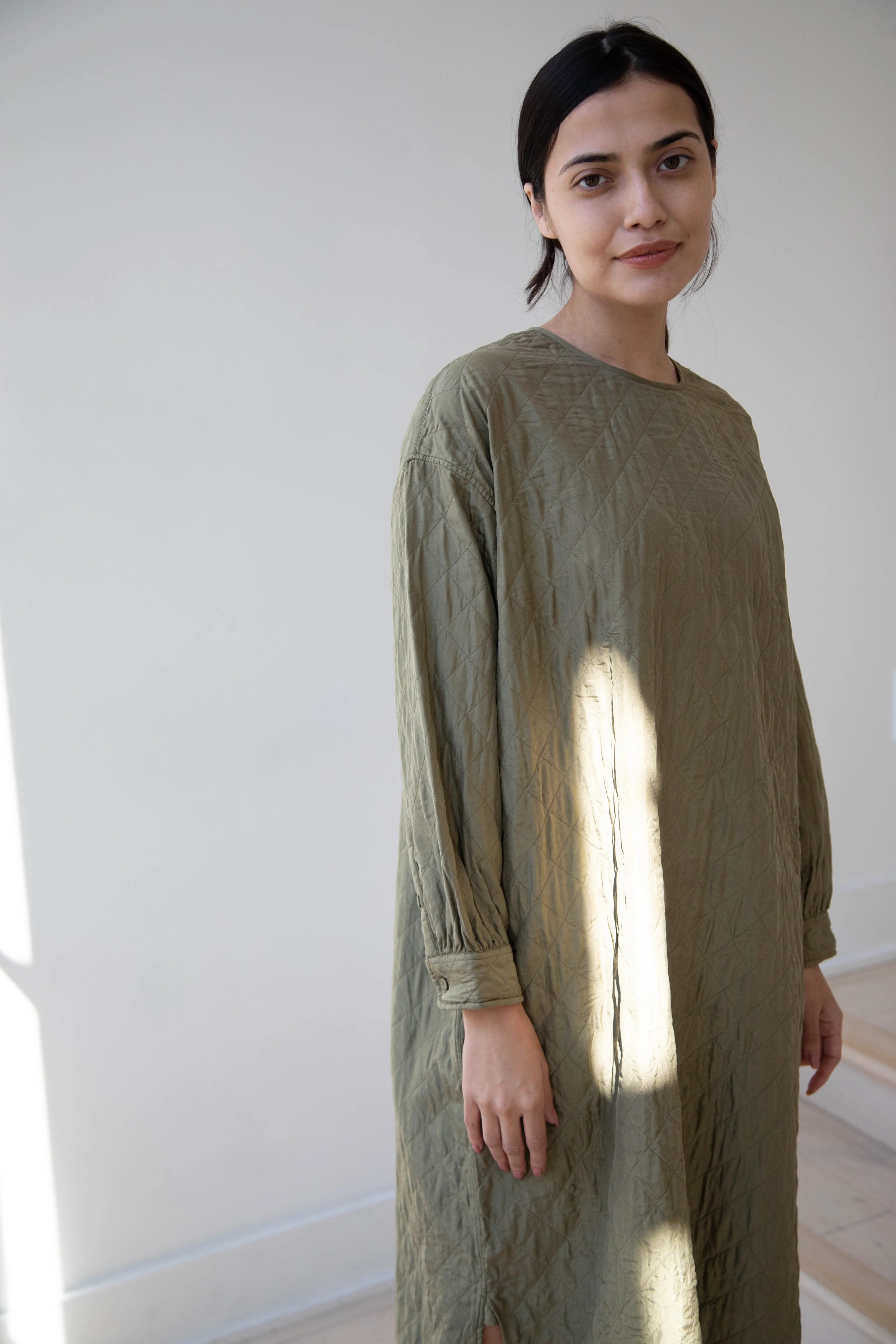 Maison de Soil Silk Crewneck Tunic Dress in Olive