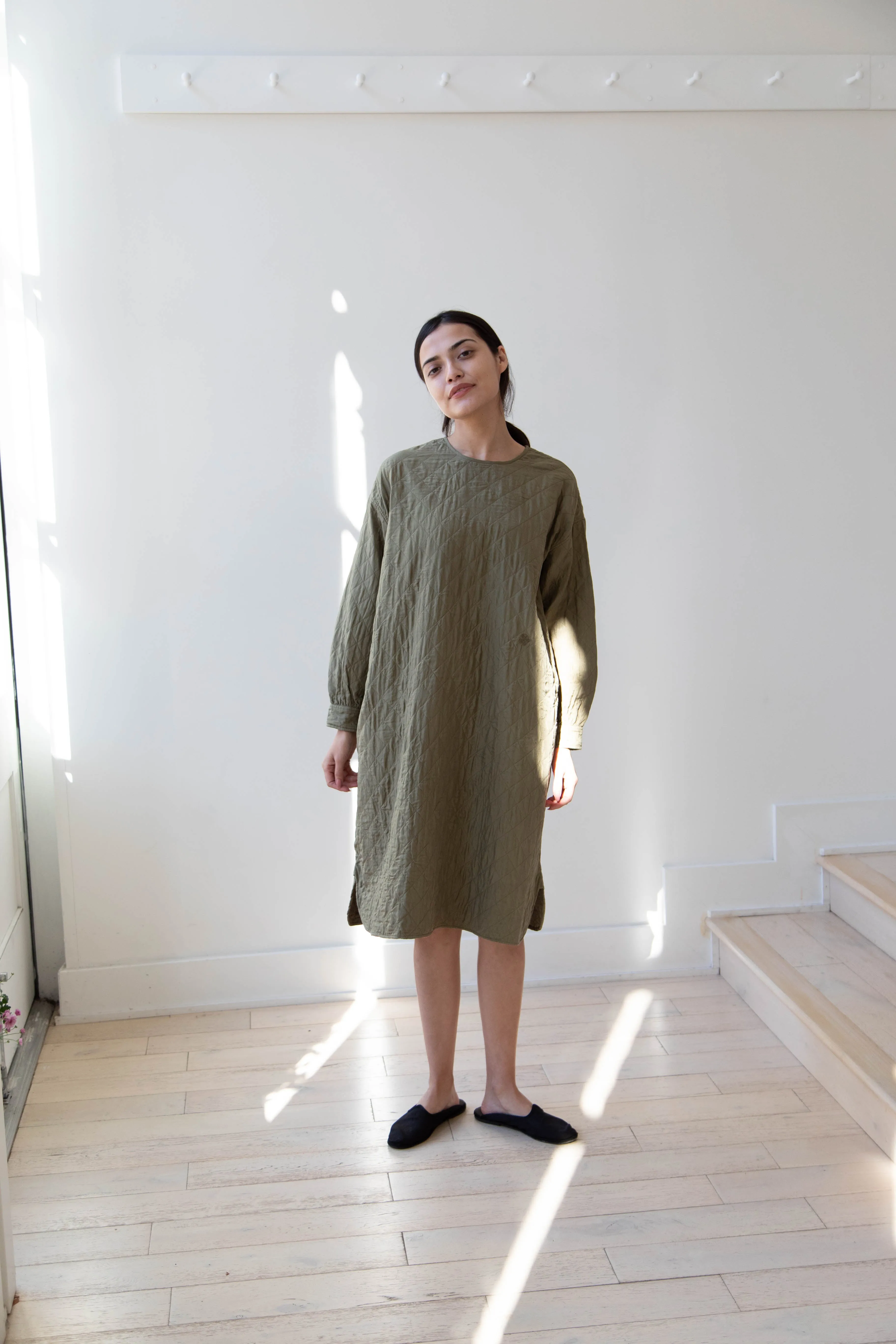 Maison de Soil Silk Crewneck Tunic Dress in Olive