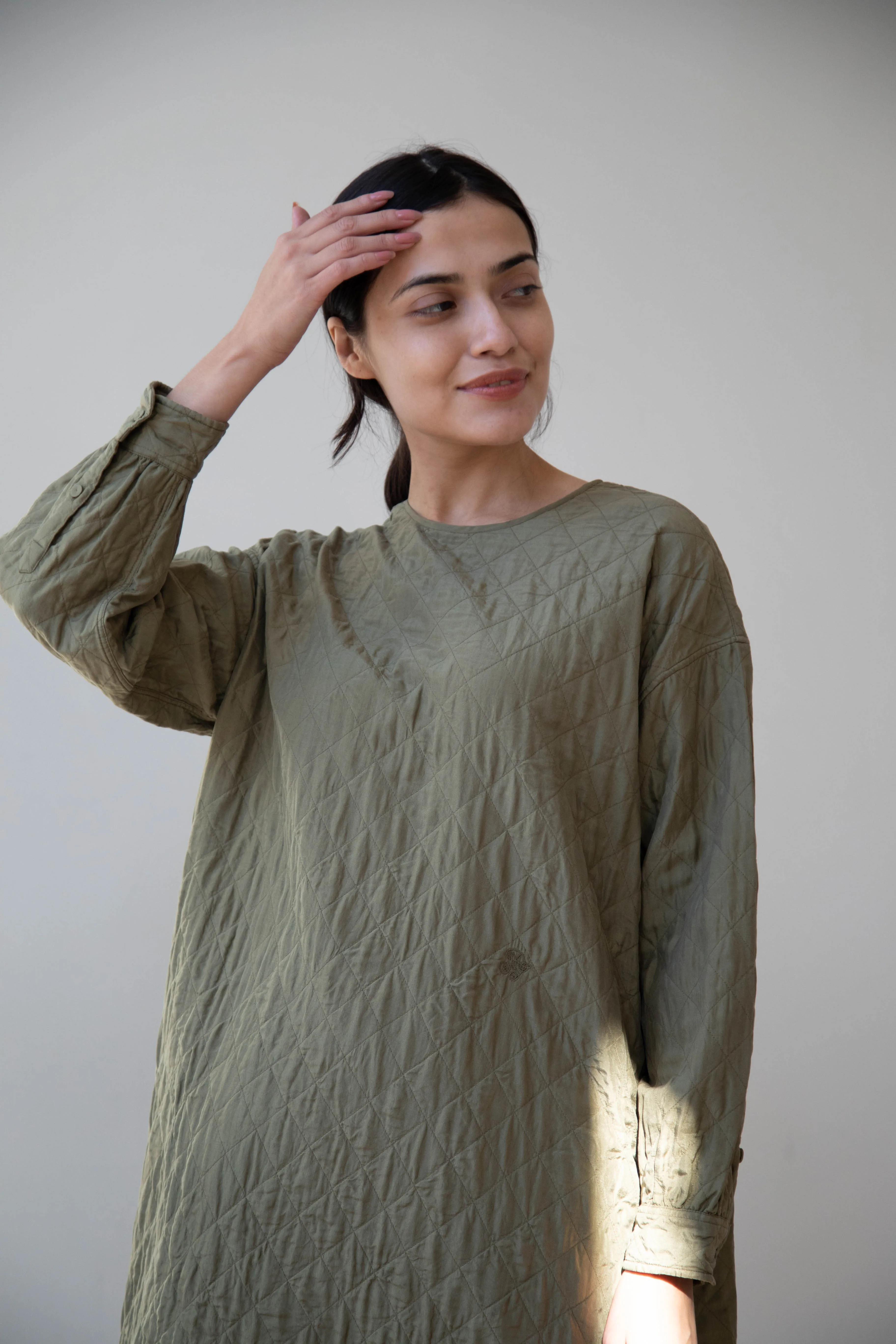 Maison de Soil Silk Crewneck Tunic Dress in Olive