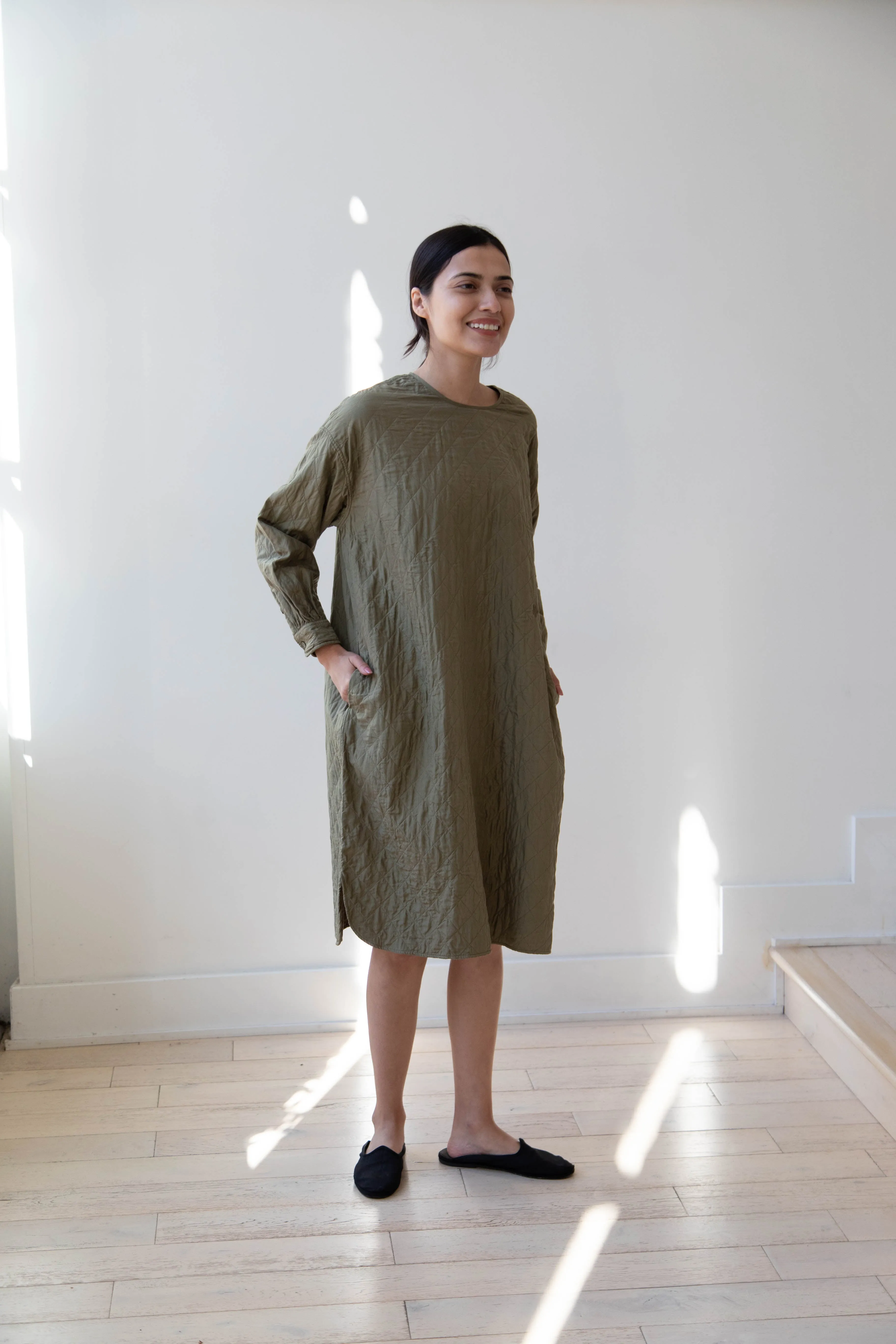 Maison de Soil Silk Crewneck Tunic Dress in Olive