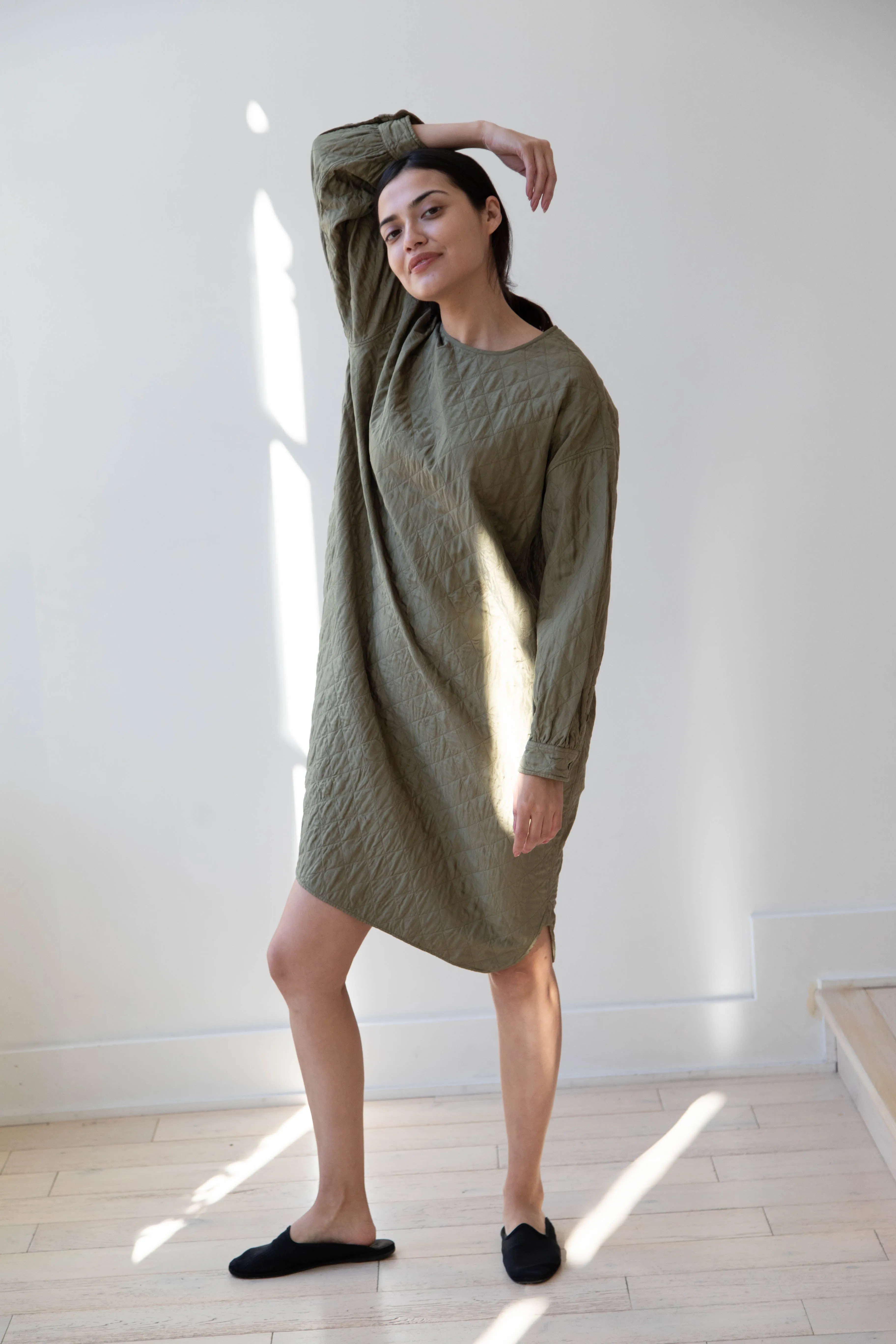 Maison de Soil Silk Crewneck Tunic Dress in Olive