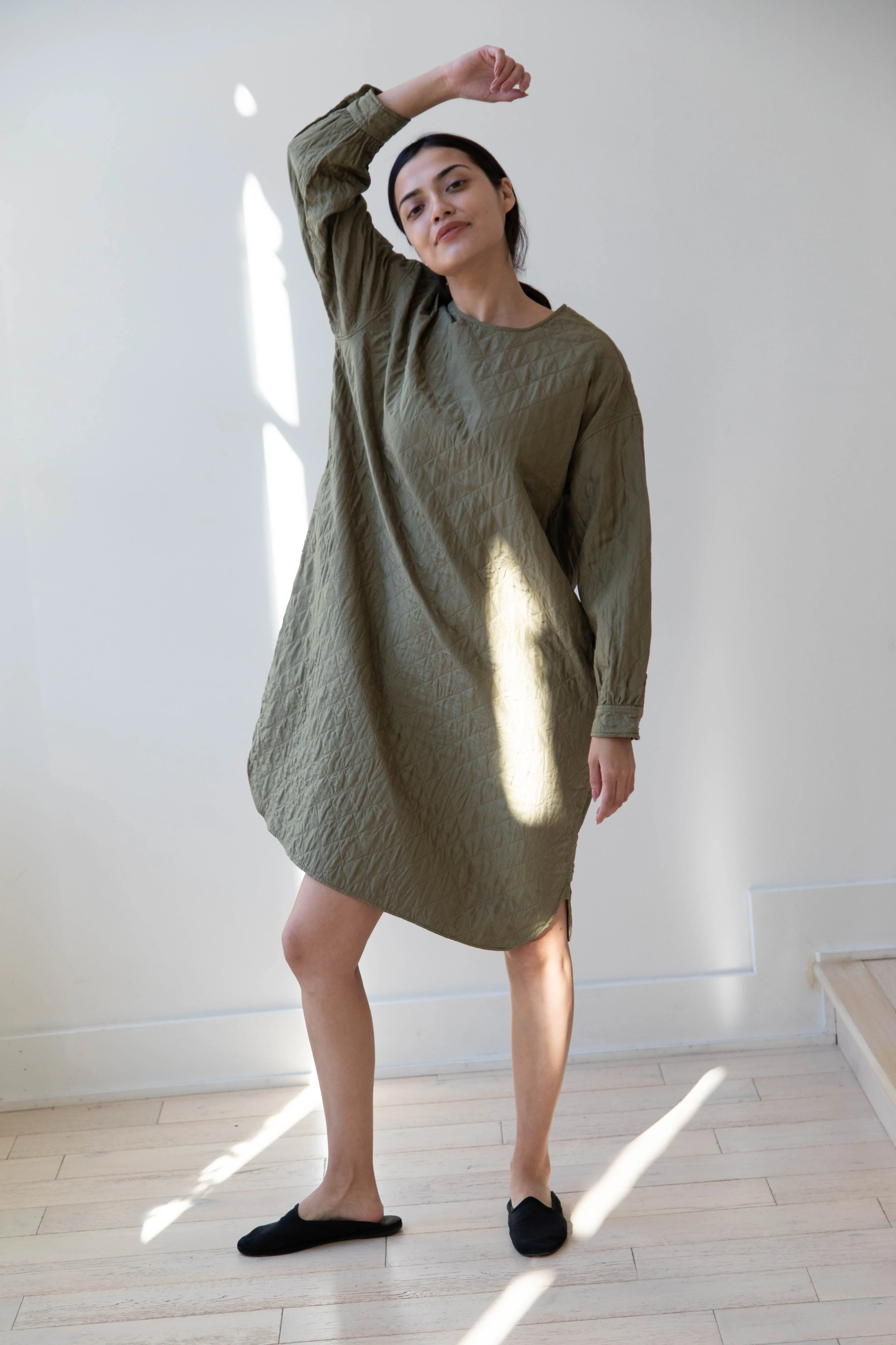 Maison de Soil Silk Crewneck Tunic Dress in Olive