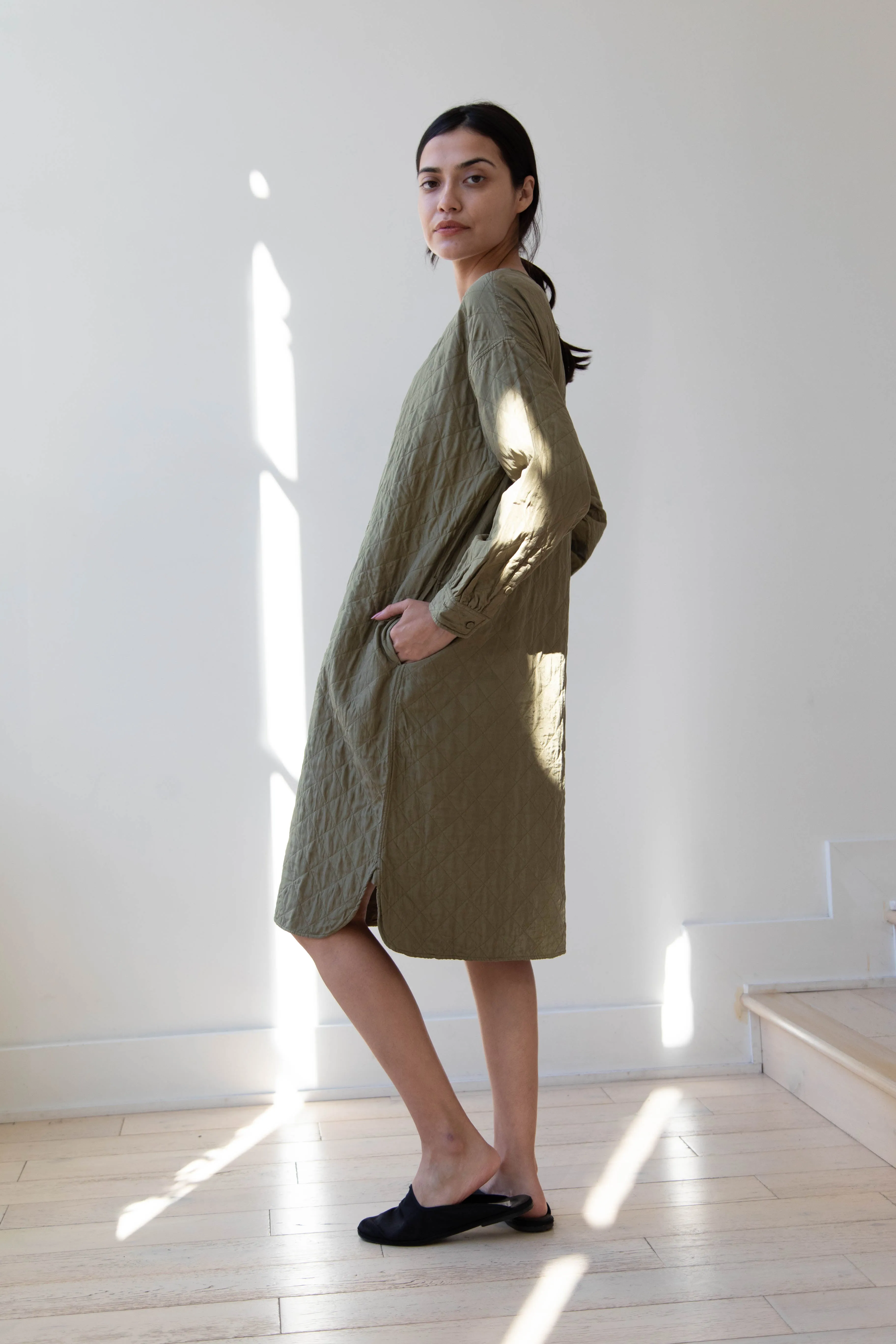 Maison de Soil Silk Crewneck Tunic Dress in Olive