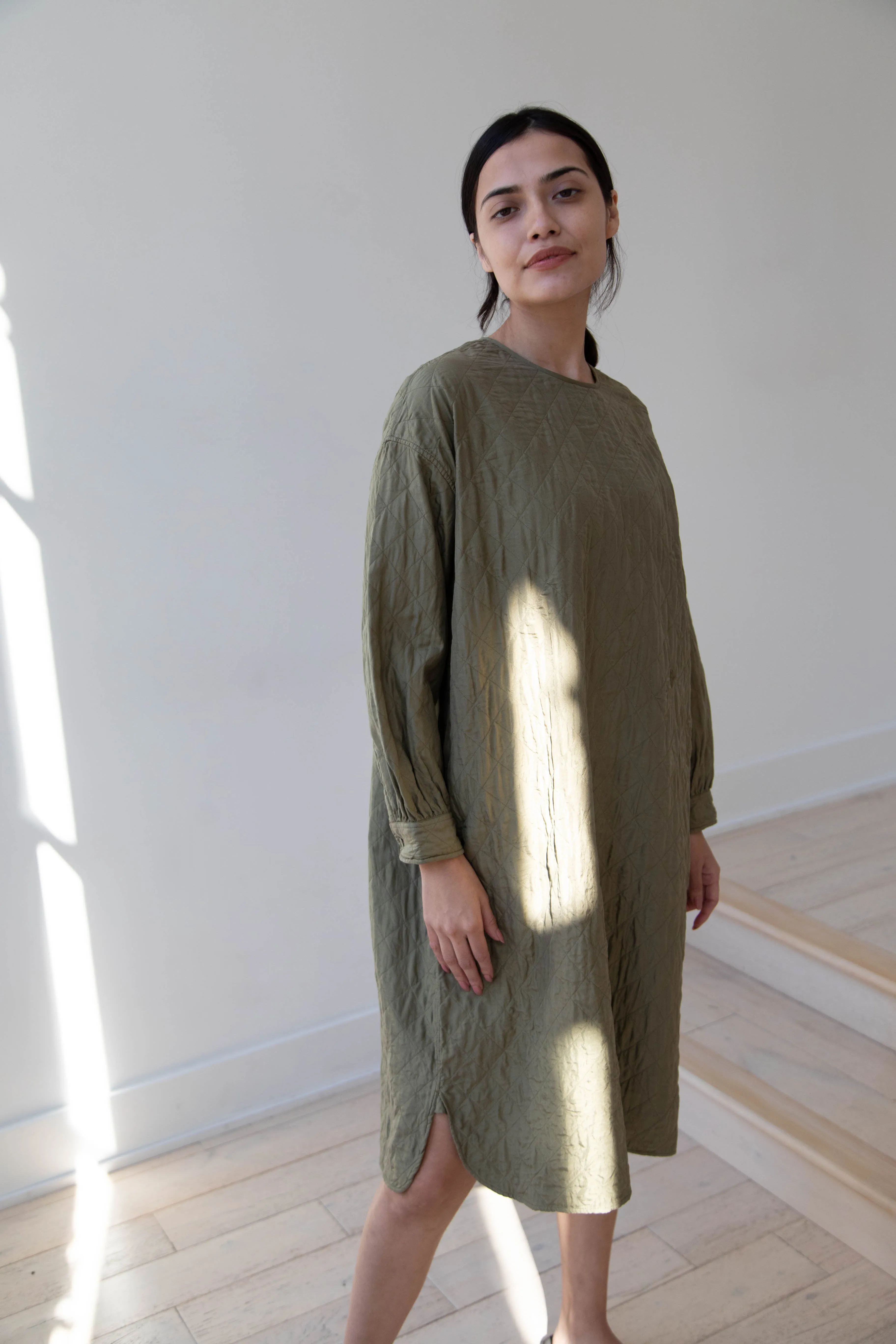 Maison de Soil Silk Crewneck Tunic Dress in Olive