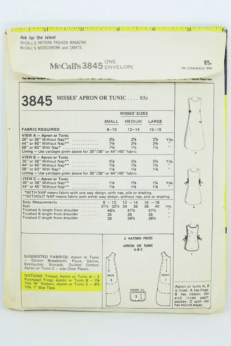 McCalls 3845 Vintage 1973 Apron Smock Tunic Sewing Pattern