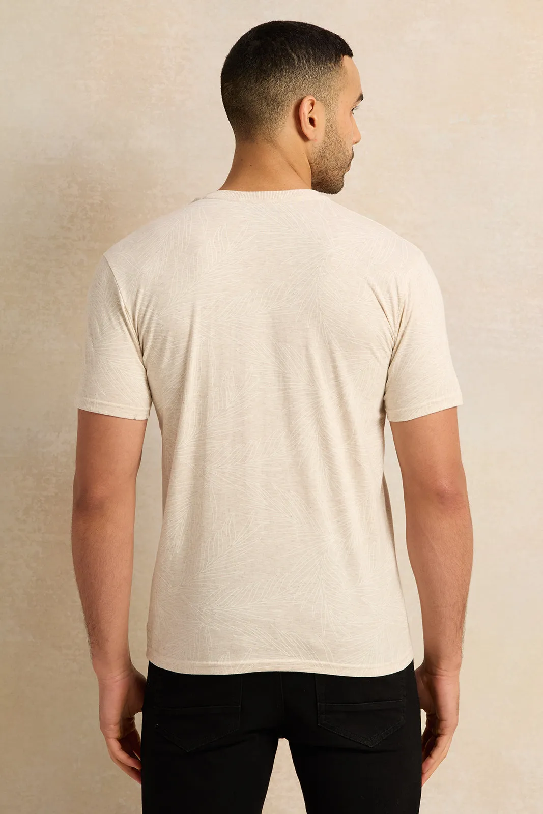 Men Beige Printed Henley T-Shirt