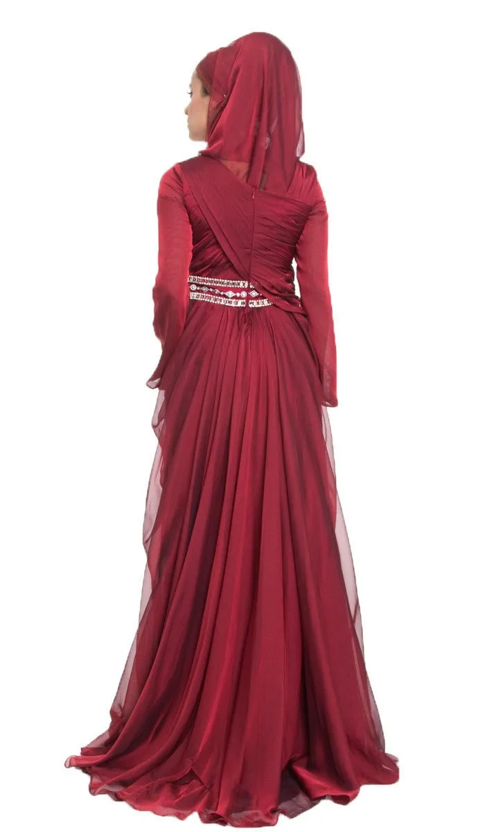 Michel Long Sleeve Silk Modest Muslim Formal Evening Dress - Maroon Red - FINAL SALE