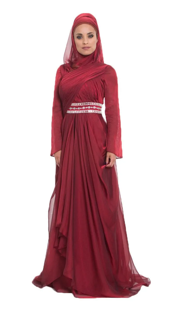 Michel Long Sleeve Silk Modest Muslim Formal Evening Dress - Maroon Red - FINAL SALE